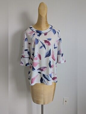 Eastex Women’s Floral Brushstroke Ruffle Sleeve Top  - Pink & Blue Flowy Size 10